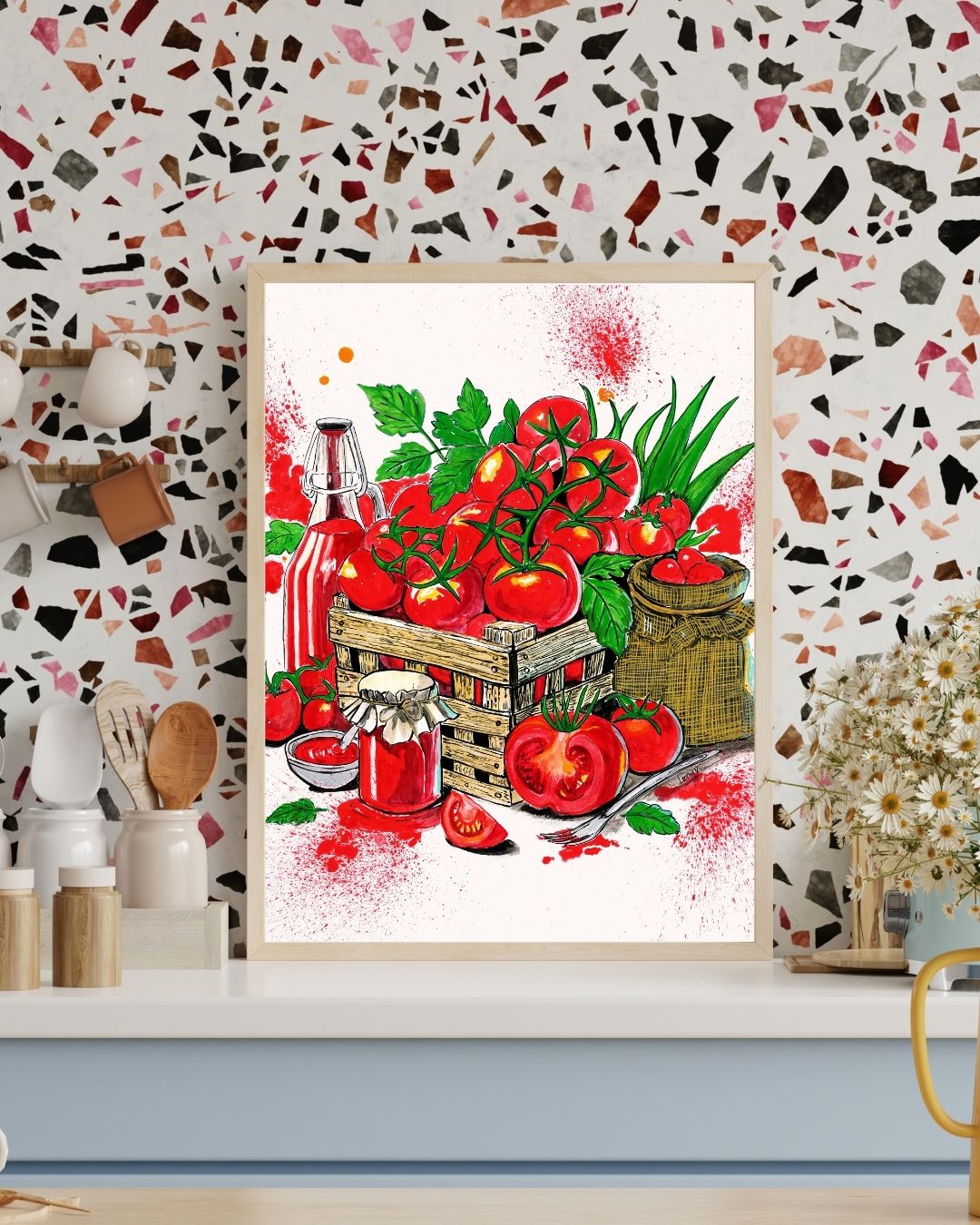 Tomatenernte Stillleben – Original Gouache-Malerei auf Papier