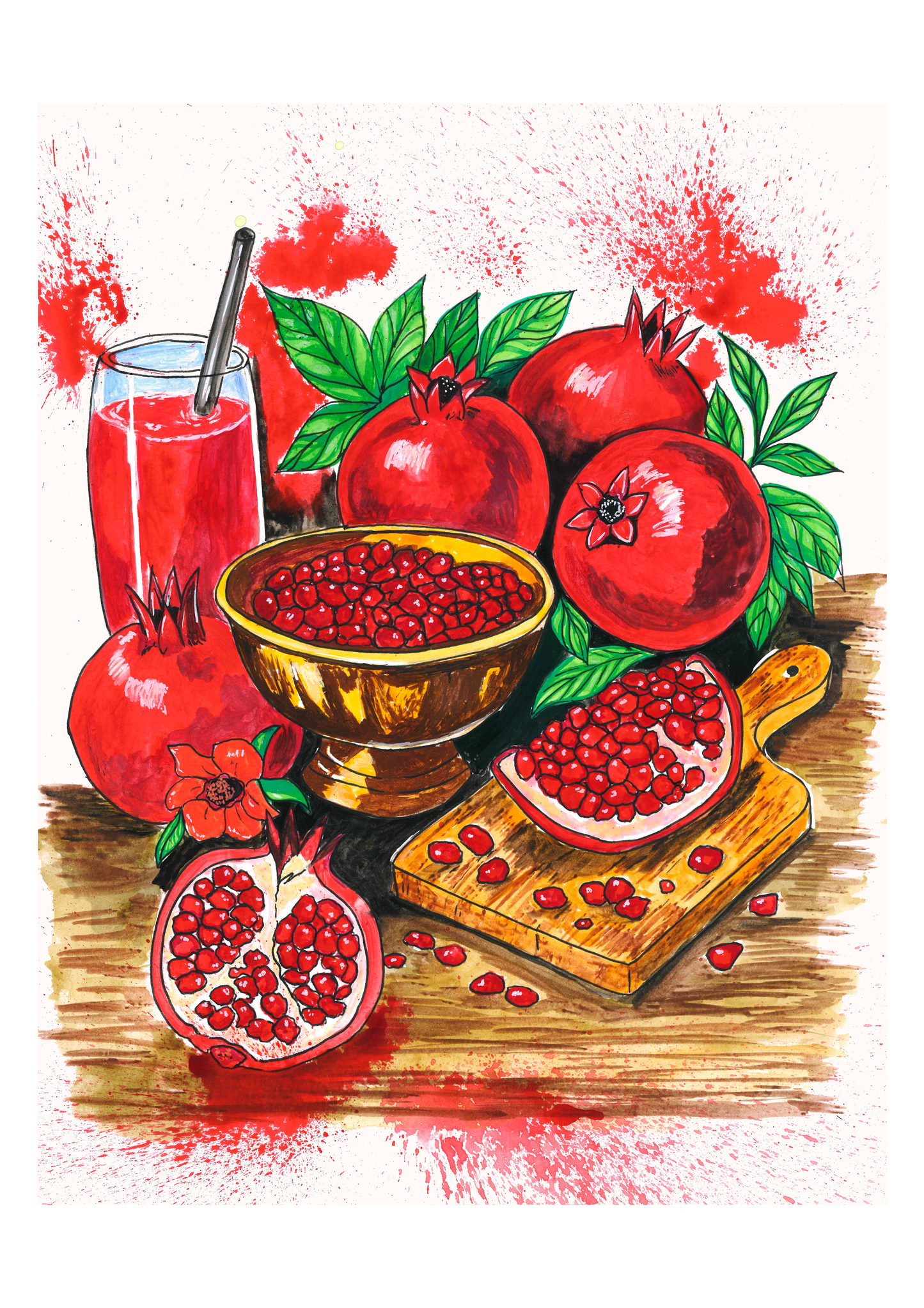 Bold pomegranate still life fine art print with deep red fruits, golden bowl and expressive paint splatters