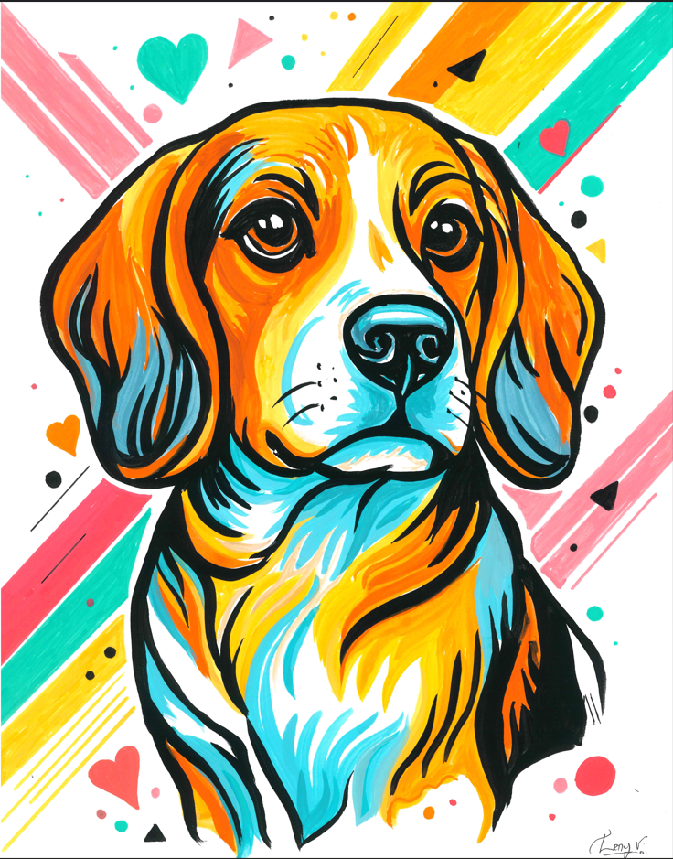 Vibrant pop-art style portrait of a beagle dog with bright orange, yellow, blue, white, and black brushstrokes on a white background with colorful diagonal stripes and hearts.