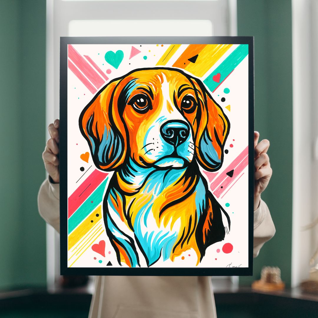 Colorful pop-art portrait of a dog with a black frame. The artwork features a beagle-like dog in orange, yellow, blue, and white with bright diagonal stripes and hearts in the background.