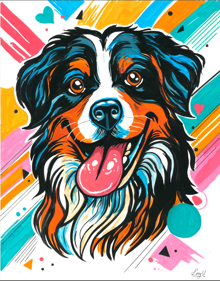 Vibrant pop art portrait of a dog with black, white, and orange fur, set against a colorful background of pink, blue, yellow, and orange brushstrokes.