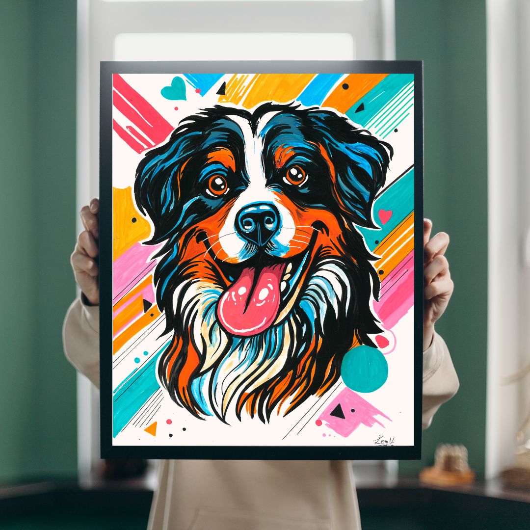 Colorful art print featuring a stylized dog portrait. The artwork uses bold black, blue, orange, pink, yellow, and white brushstrokes and shapes on a white background.