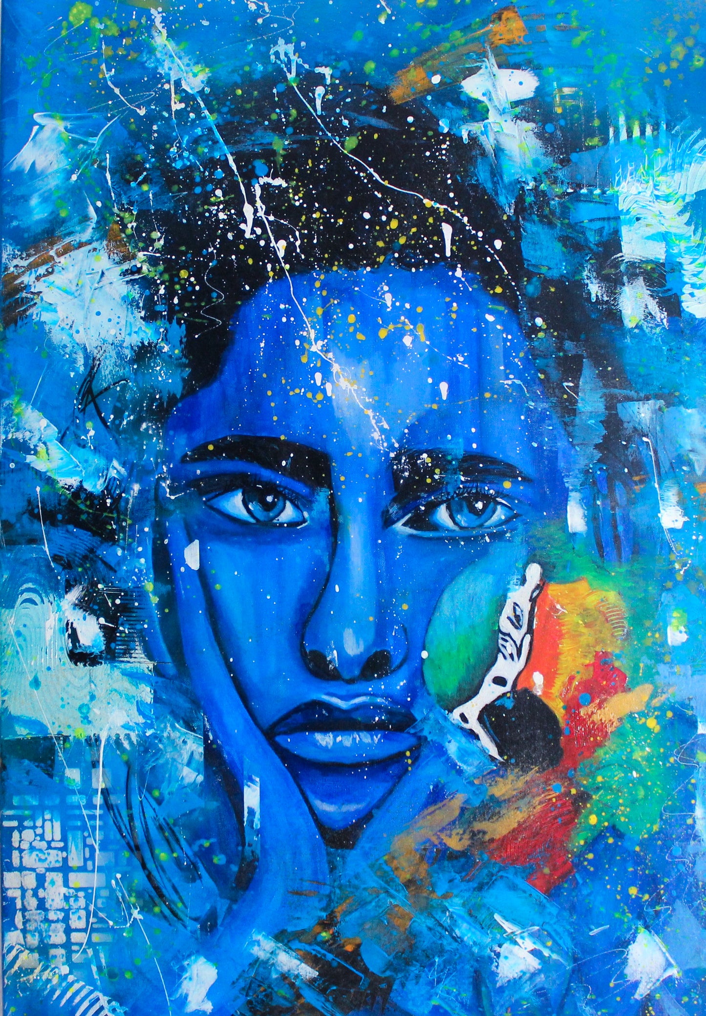 Original acrylic portrait painting Blue Siren with electric blue palette, expressive gaze, parrot motif and dynamic paint splatters by LenyV Artelier