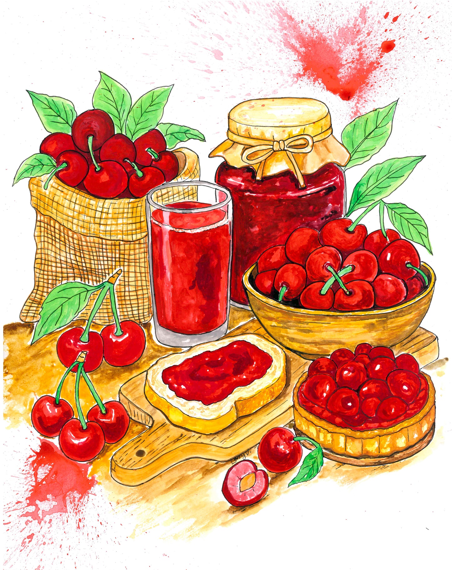 Cherry Original Painting – Hand-Painted Gouache Still Life
