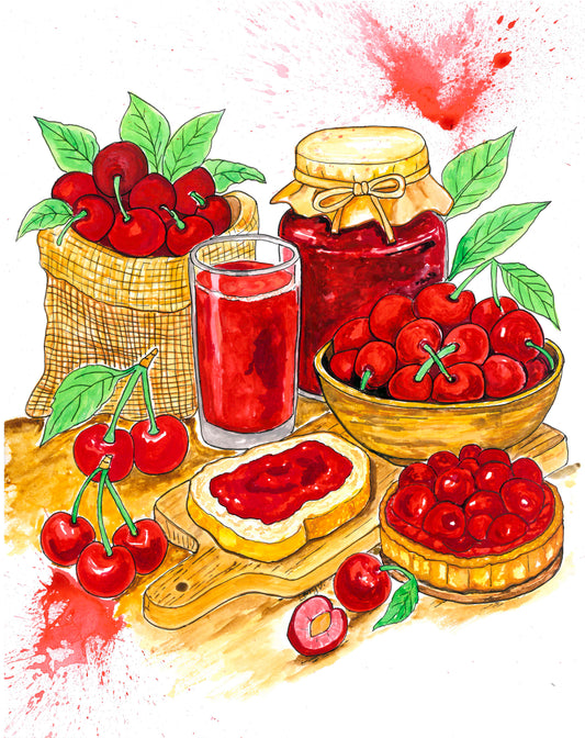 Cherry Original Painting – Hand-Painted Gouache Still Life