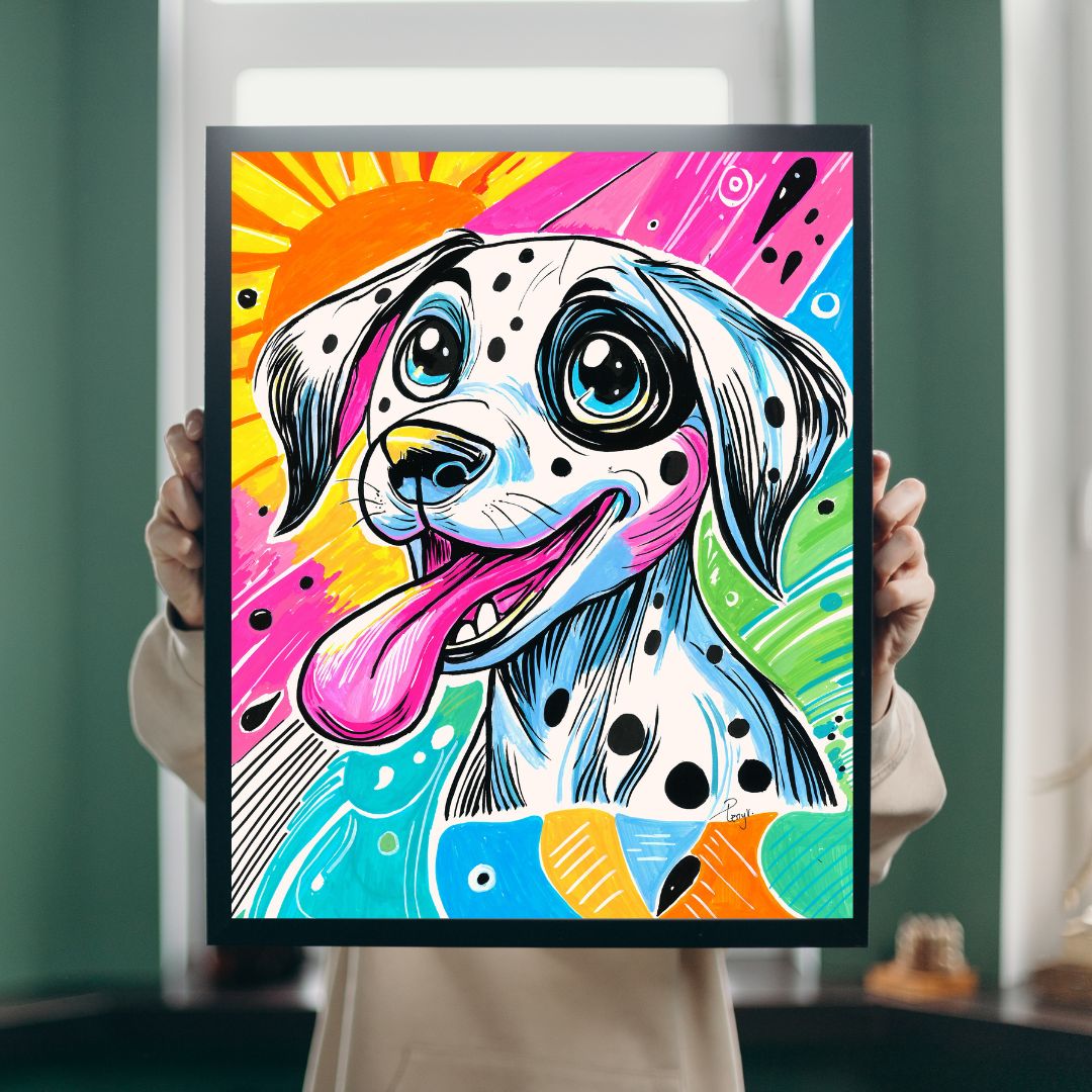  Colorful pop-art print of a Dalmatian dog. The artwork features a white Dalmatian with black spots, blue eyes, and a pink tongue, set against a vibrant background of pink, yellow, blue, and green abstract shapes.