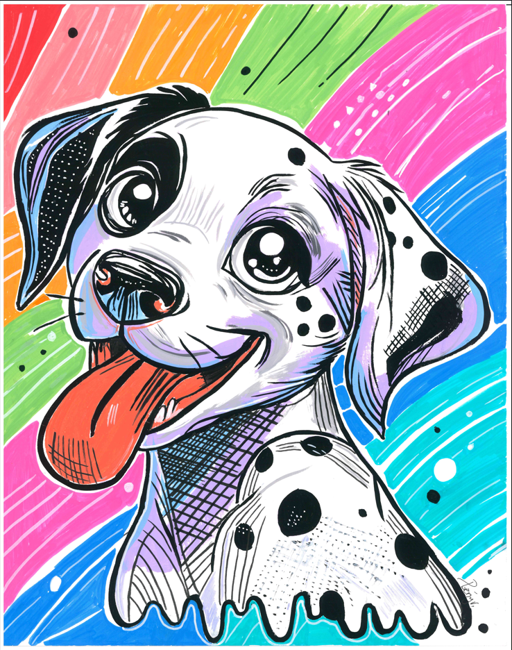 Vibrant pop-art style illustration of a Dalmatian dog with large expressive eyes, black spots, and its tongue out, set against a colorful rainbow-striped background.