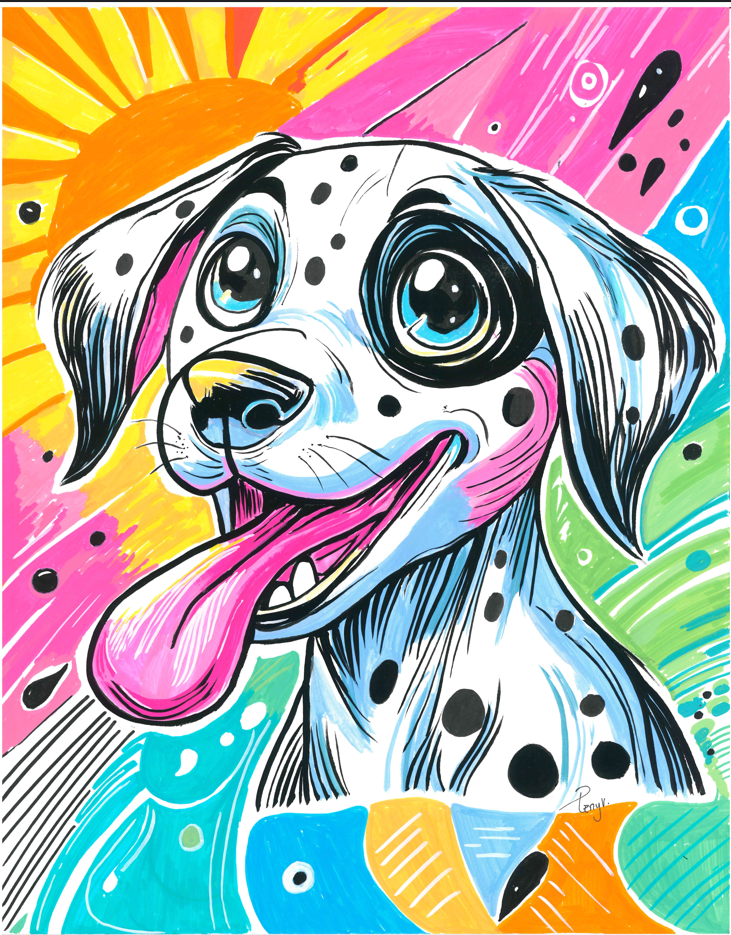 Vibrant pop art illustration of a Dalmatian dog with large expressive eyes, pink tongue, and black spots, set against a colorful abstract background with sun rays and bright geometric shapes.
