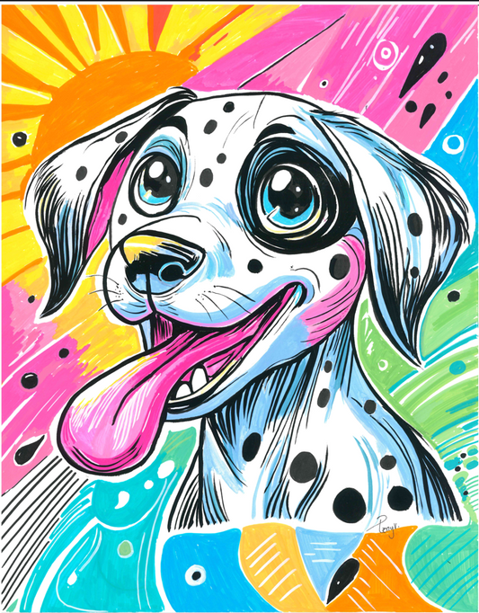 Vibrant pop art illustration of a Dalmatian dog with large expressive eyes, pink tongue, and black spots, set against a colorful abstract background with sun rays and bright geometric shapes.