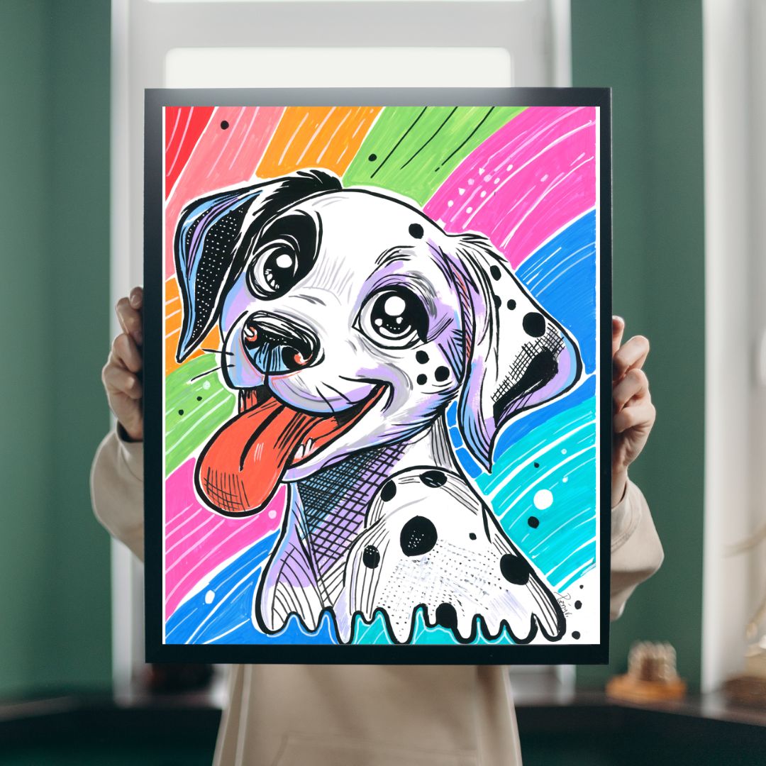 Colorful pop-art style illustration of a Dalmatian dog with a rainbow background. The artwork features bold black, white, pink, blue, green, orange, and yellow tones, with the person's hands and torso visible behind the frame.