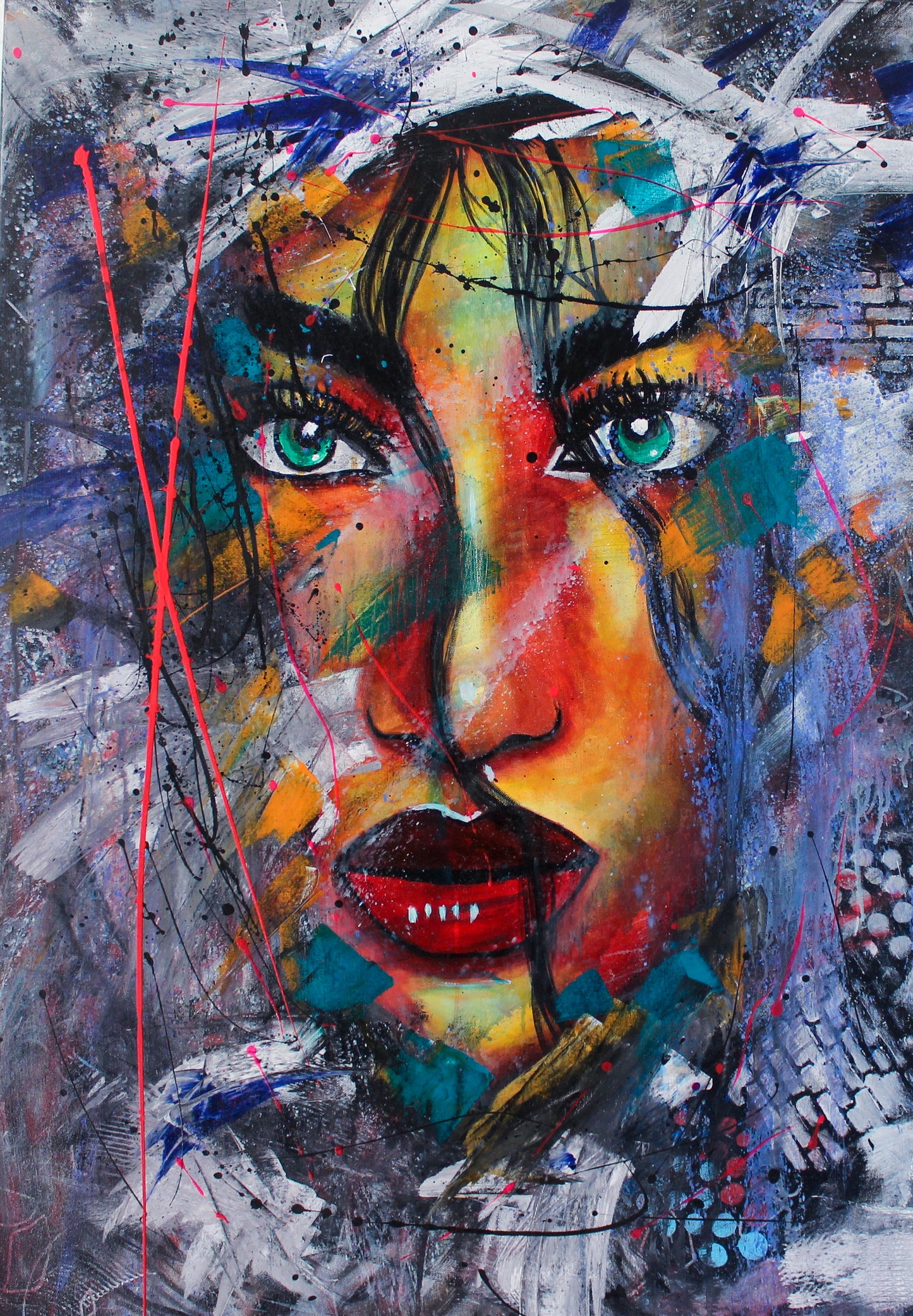
Original acrylic portrait painting Dazzled with explosive colours, piercing green eyes and layered textures by LenyV Artelier