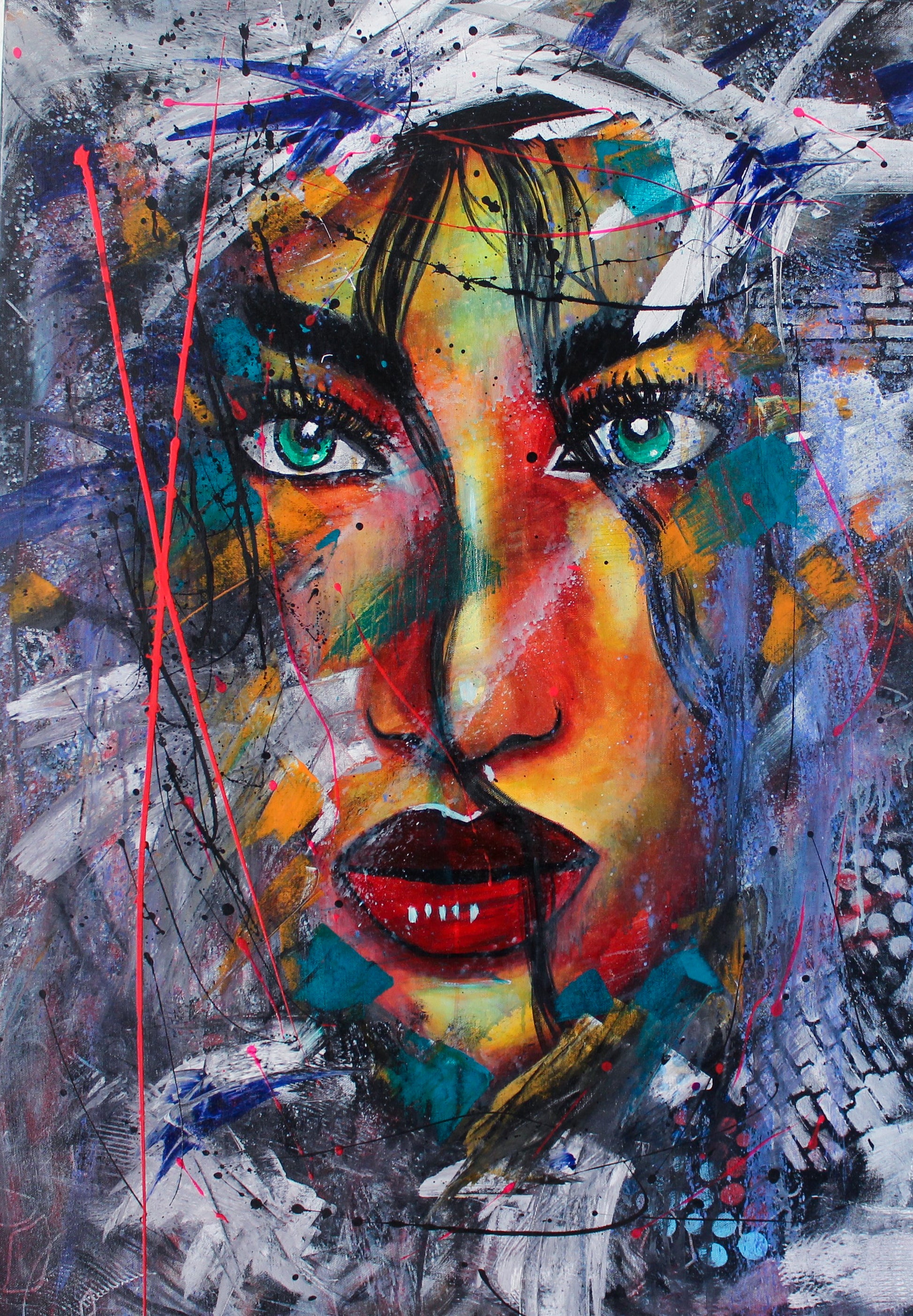 
Original acrylic portrait painting Dazzled with explosive colours, piercing green eyes and layered textures by LenyV Artelier