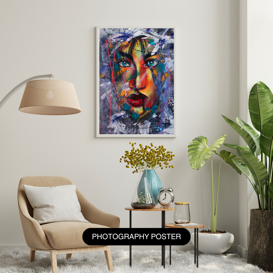 
Original acrylic portrait painting Dazzled with explosive colours, piercing green eyes and layered textures by LenyV Artelier