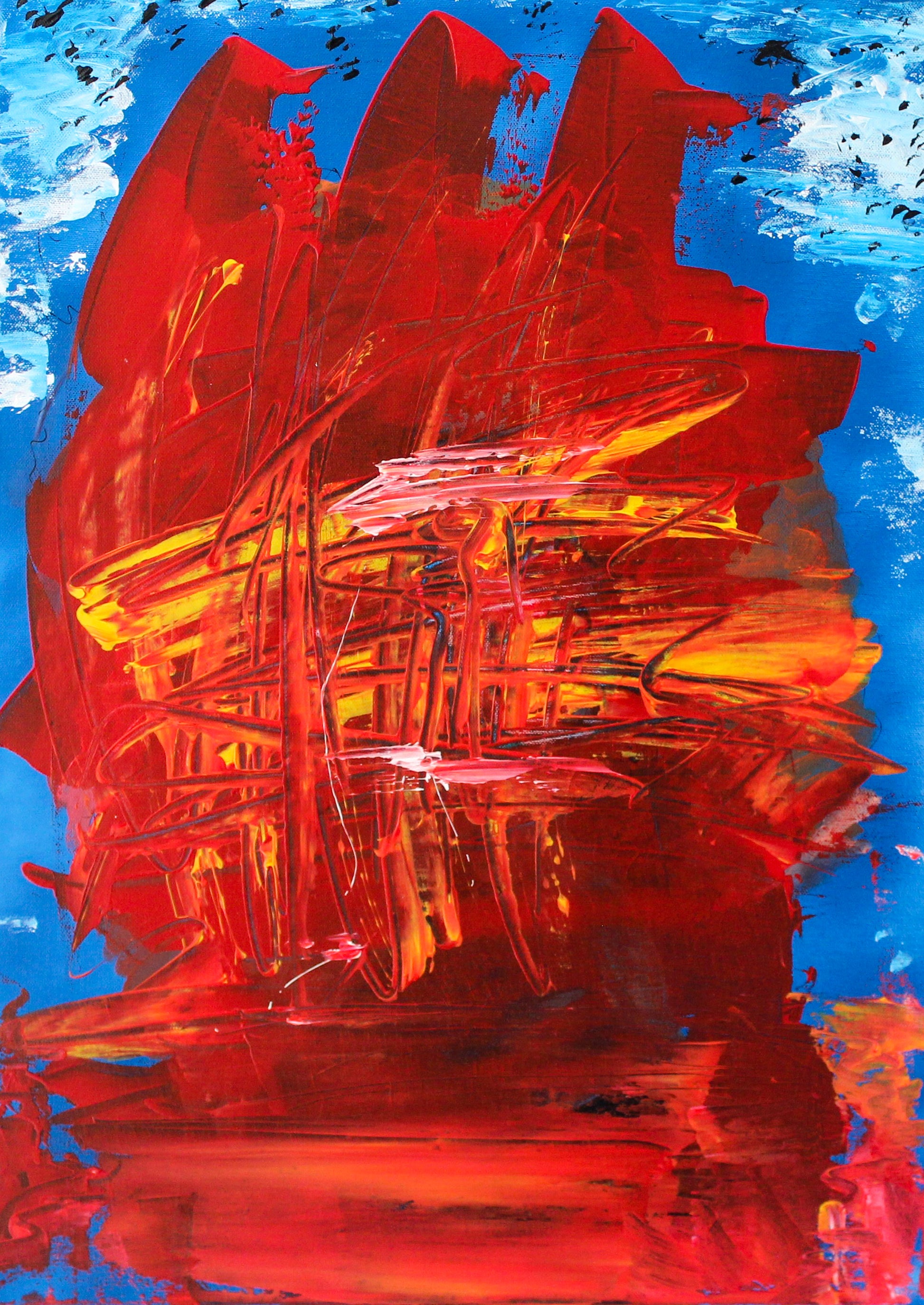 Original abstract acrylic painting Fantôme Ship with blazing red and orange forms on electric blue background by LenyV Artelier