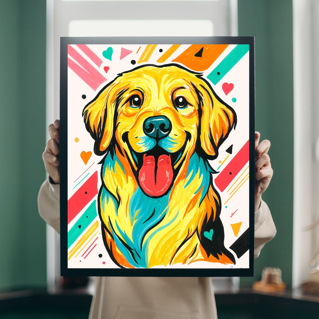 Colorful art print featuring a stylized golden retriever portrait with bright yellow, blue, red, and orange tones against a white background with abstract shapes.
