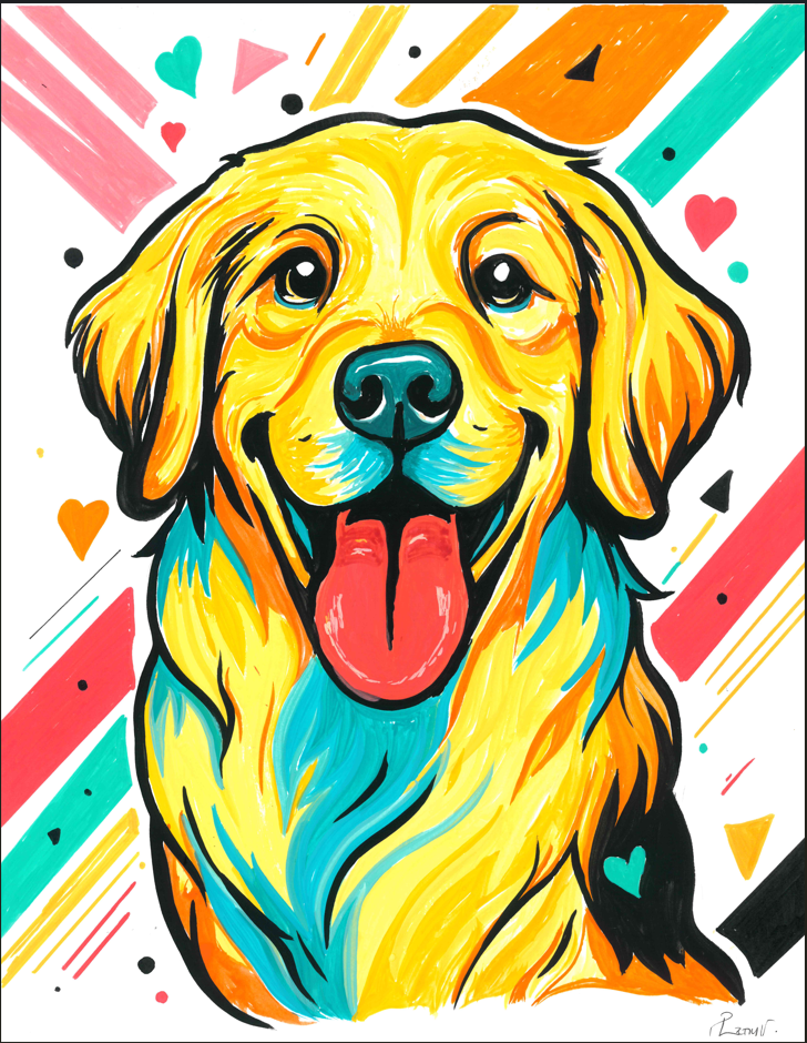 Vibrant pop-art style portrait of a golden retriever dog with yellow, orange, and turquoise coloring, set against a colorful abstract background with hearts and diagonal stripes.