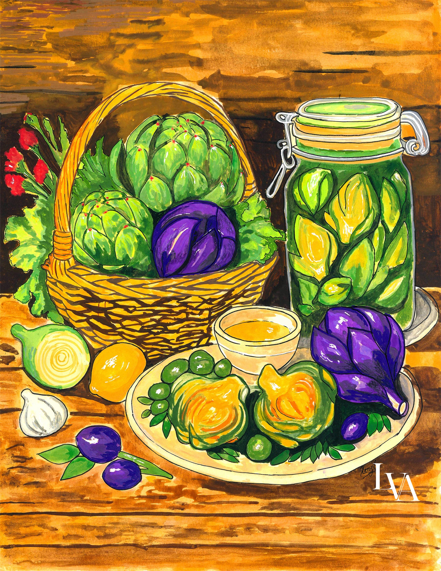 Mediterranes Artischocken-Stillleben – Originalgemälde