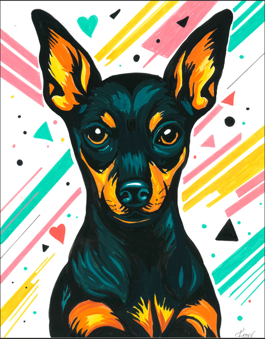 Vibrant pop-art style illustration of a black and tan Miniature Pinscher dog portrait on a white background with colorful diagonal stripes and geometric shapes.