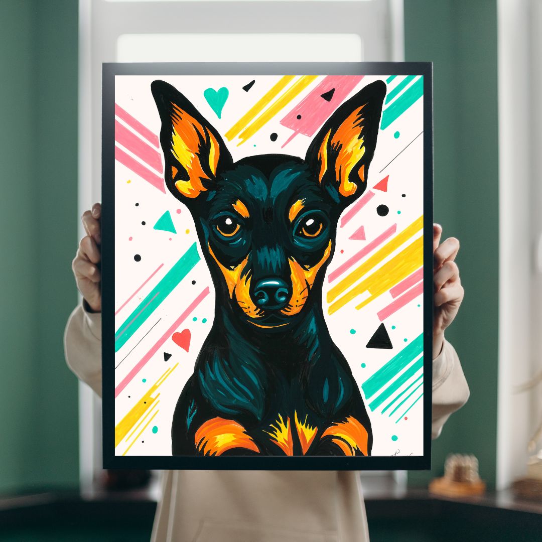 A stylized black and tan Pinscher dog portrait with bright multicolor geometric accents on a white background.