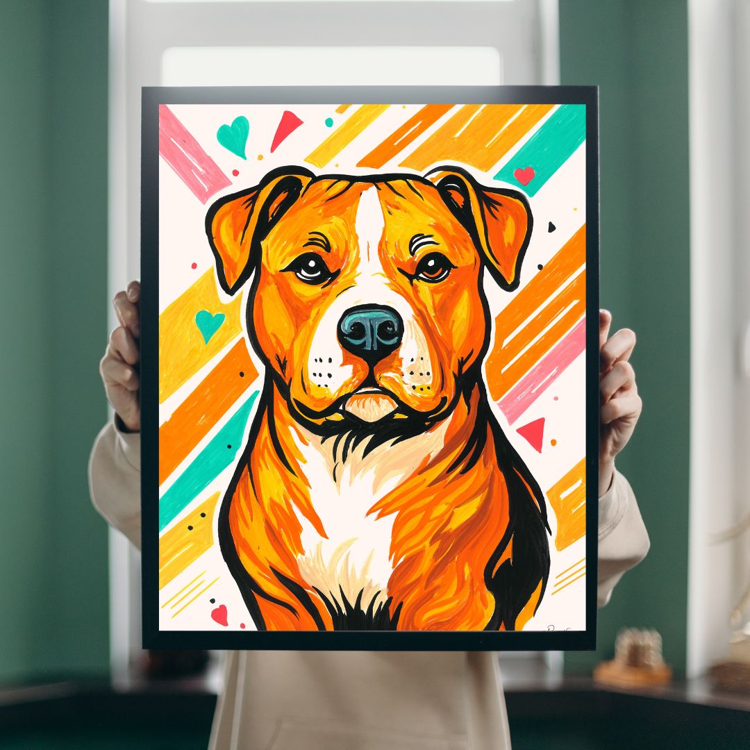 Colorful pop-art style portrait print of a Pitbull dog. The artwork features bold orange, yellow, pink, teal, and white diagonal stripes with hearts, and the dog is rendered in warm orange, white, and black tones.