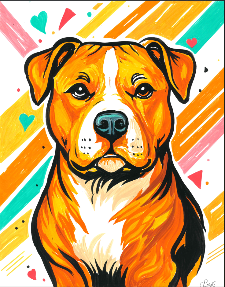 Vibrant painted portrait of a brown and white Pitbull dog on a colorful striped background with hearts and diagonal brushstroke lines.