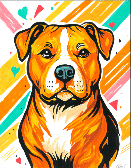 Vibrant painted portrait of a brown and white Pitbull dog on a colorful striped background with hearts and diagonal brushstroke lines.