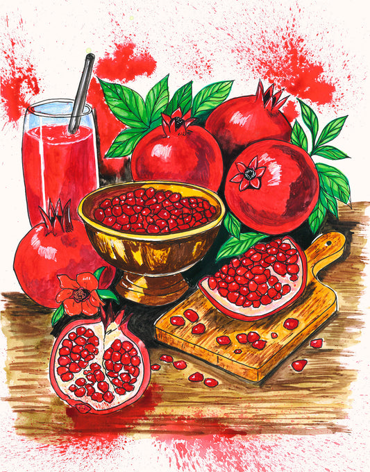 Bold pomegranate still life fine art Original with deep red fruits, golden bowl and expressive paint splatters