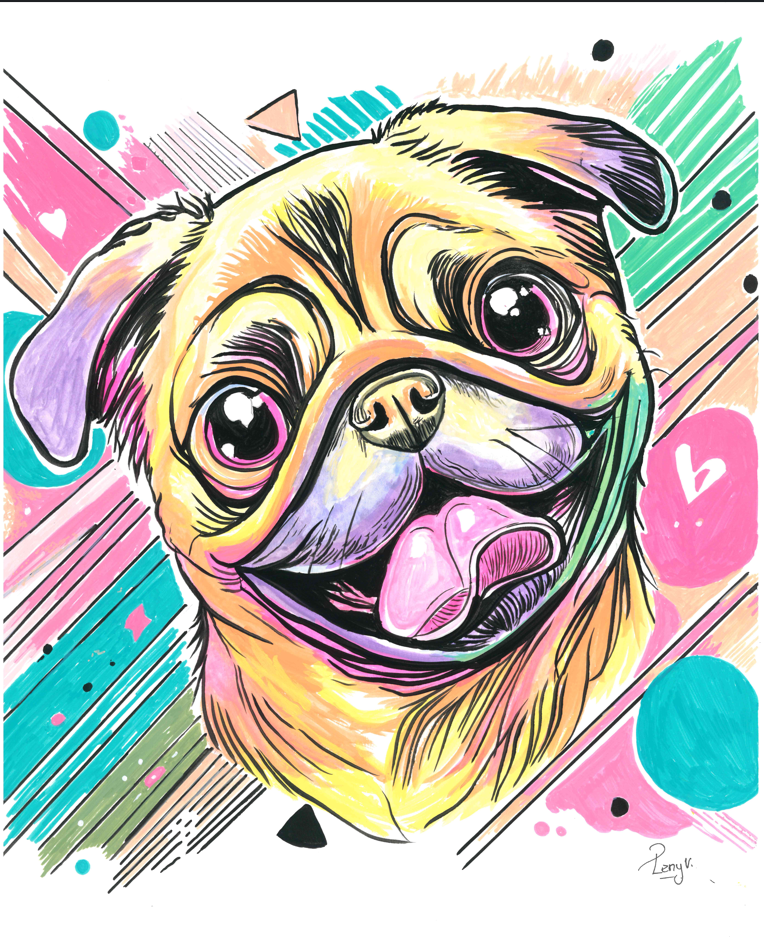 Vibrant pop-art style illustration of a smiling pug dog head with large eyes and pink tongue, surrounded by colorful geometric shapes and stripes on a white background.