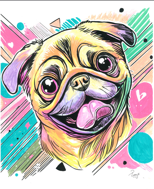 Vibrant pop-art style illustration of a smiling pug dog head with large eyes and pink tongue, surrounded by colorful geometric shapes and stripes on a white background.