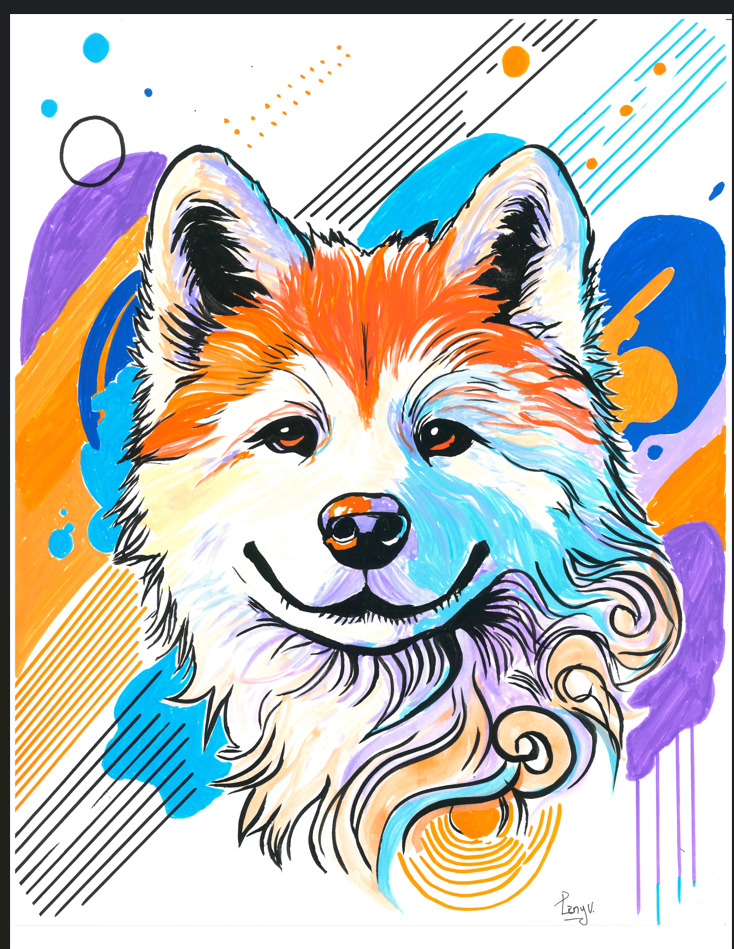 Vibrant pop art illustration of a Samoyed dog's face, featuring bold brushstrokes and abstract geometric shapes in orange, blue, purple, yellow, and white.