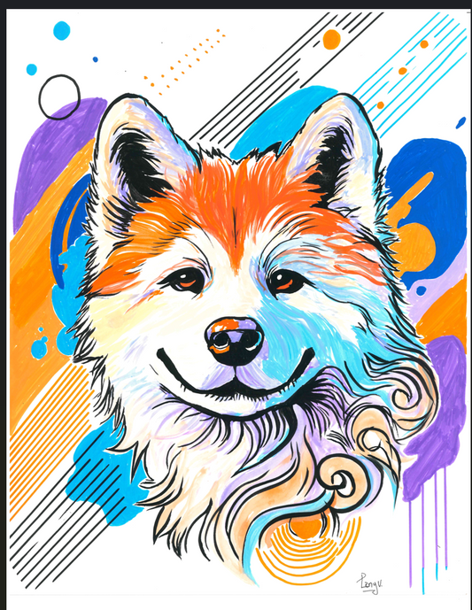 Vibrant pop art illustration of a Samoyed dog's face, featuring bold brushstrokes and abstract geometric shapes in orange, blue, purple, yellow, and white.