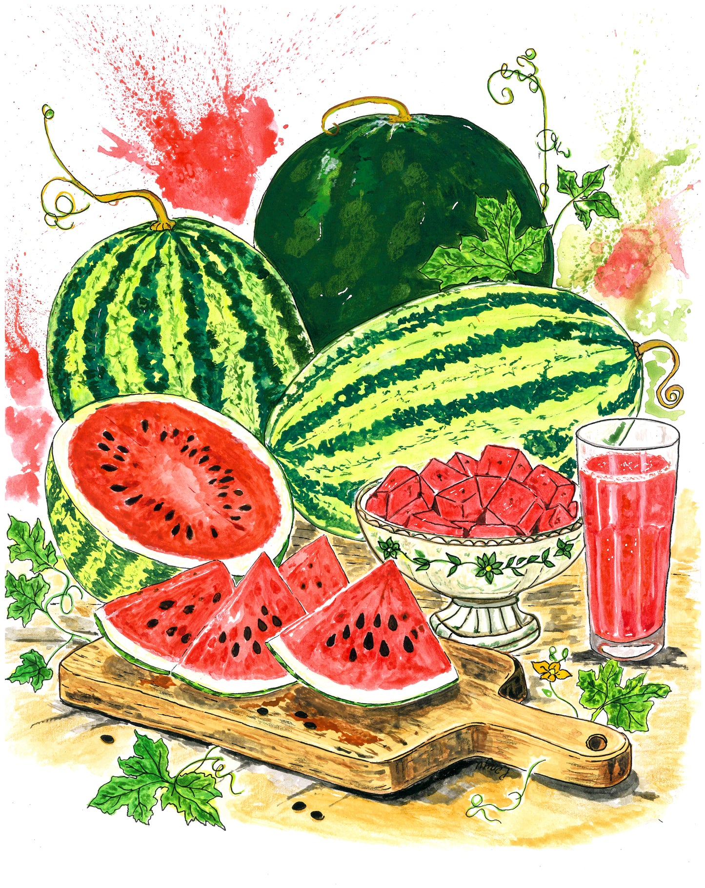Watermelon Original Painting – Hand-Painted Gouache Still Life