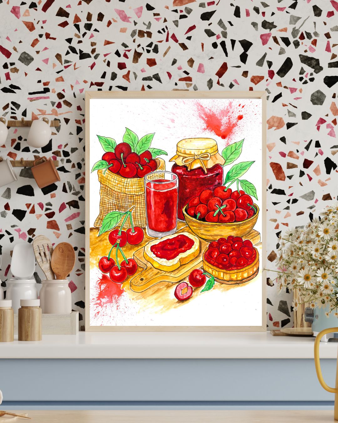 Cherry Original Painting – Hand-Painted Gouache Still Life