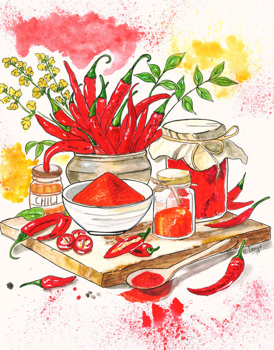 Original gouache painting of chilli peppers with rustic jars, wooden board and warm watercolour washes by LenyV Artelier