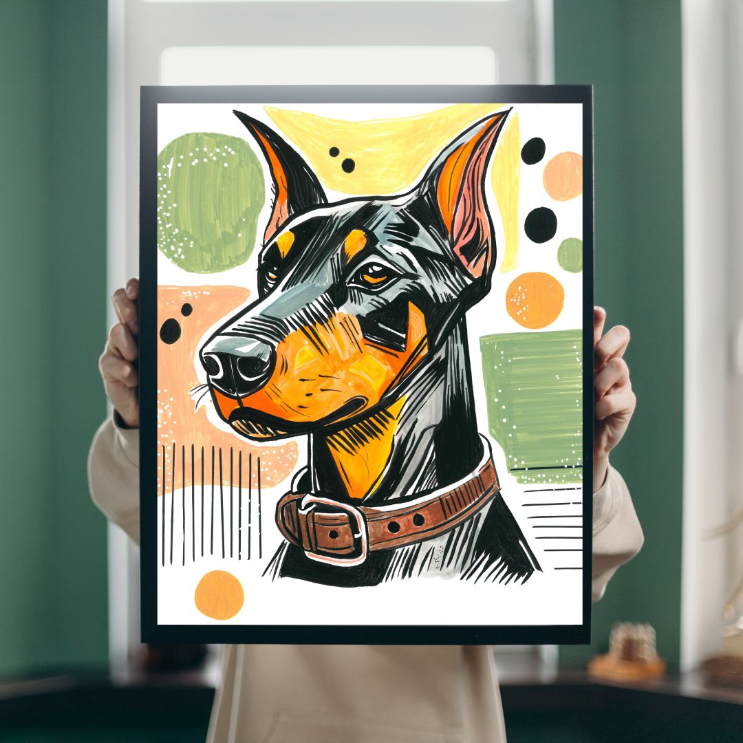  Art print featuring a stylized portrait of a Doberman dog. The print has a black frame and is shown against a blurred background of a room with green walls.