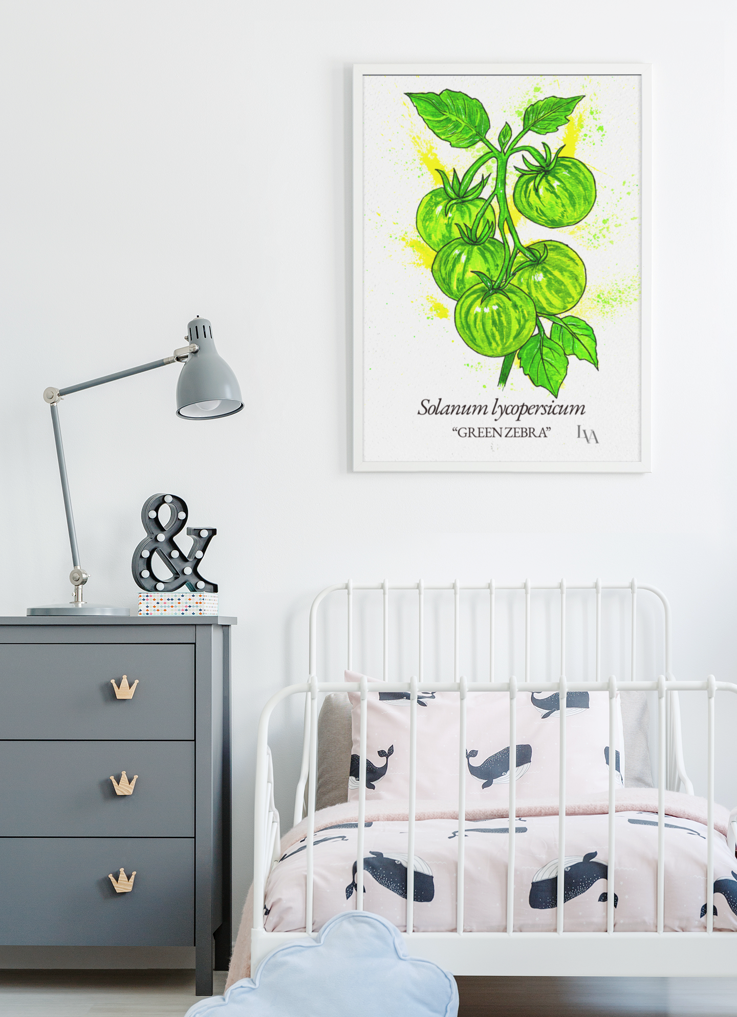 Hand-painted Green Zebra tomato botanical illustration print — Solanum Lycopersicum "Green Zebra" — gouache and watercolour on paper by Viviane Fulde, LenyV Artelier