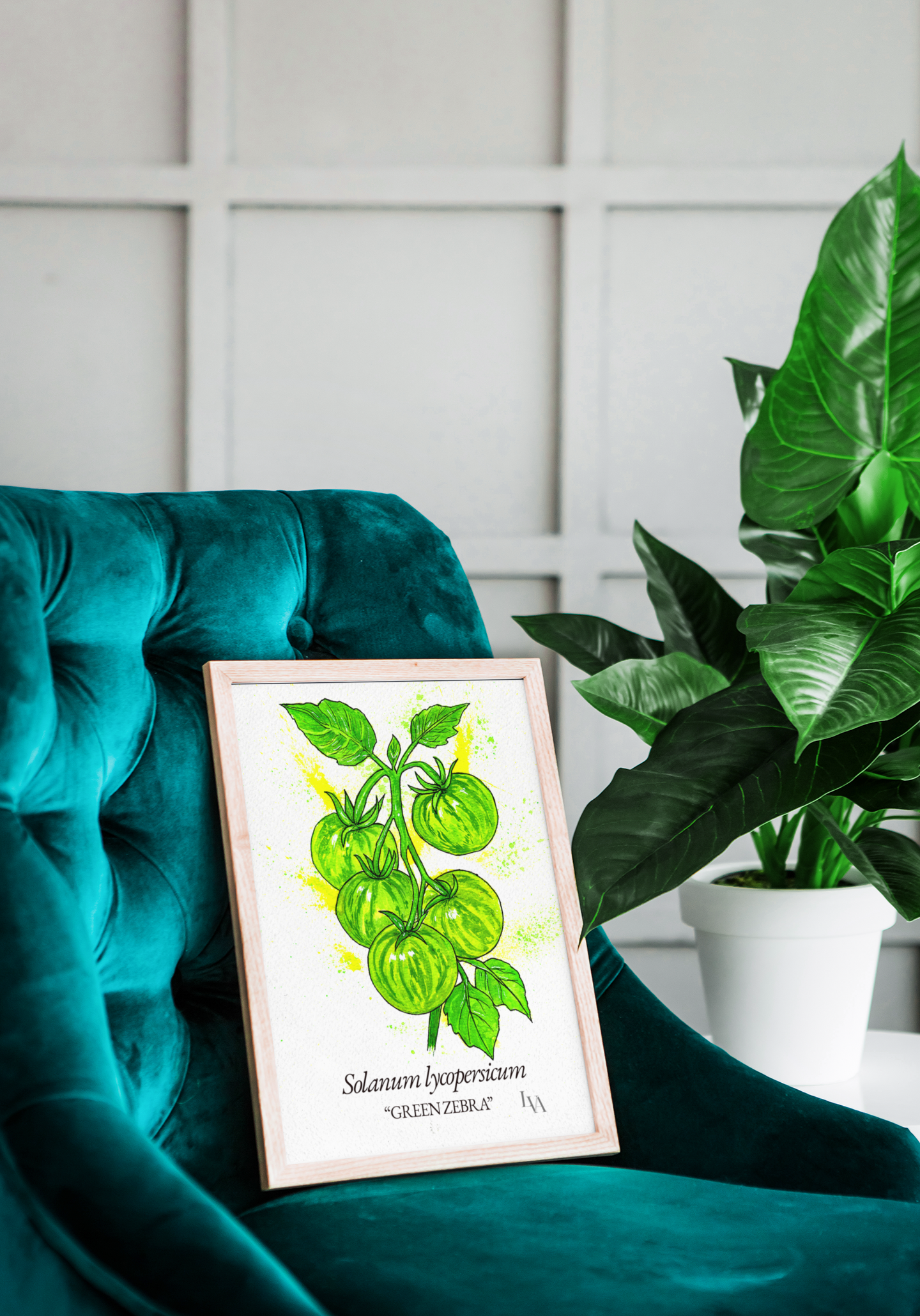 Kunstdruck Grüne Zebratomate – Solanum Lycopersicum Botanische Illustration | Küchenwandkunst | LenyV Artelier