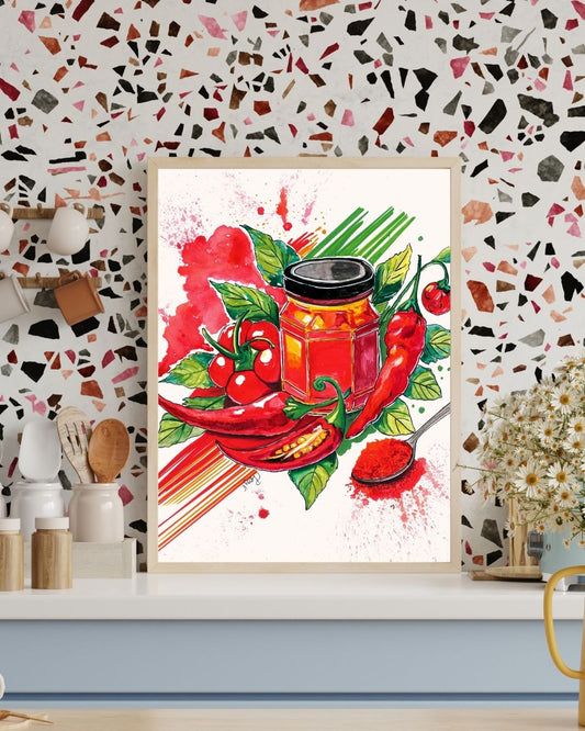 Bold paprika still life fine art print with red chillies, paprika jar and expressive paint splatters