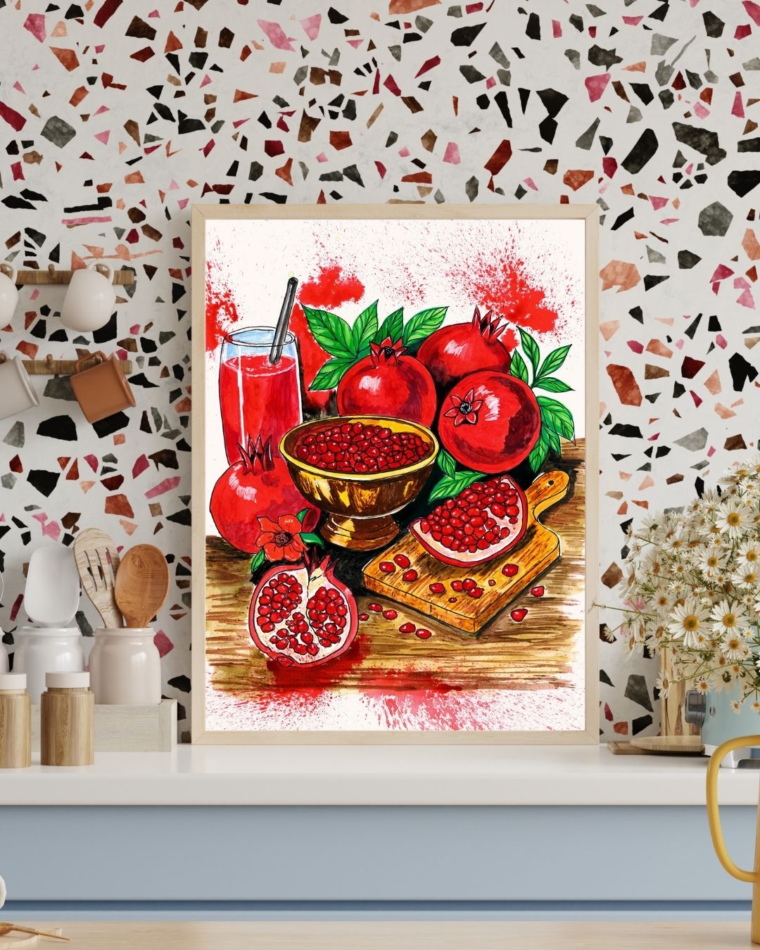 Bold pomegranate still life fine art print with deep red fruits, golden bowl and expressive paint splatters