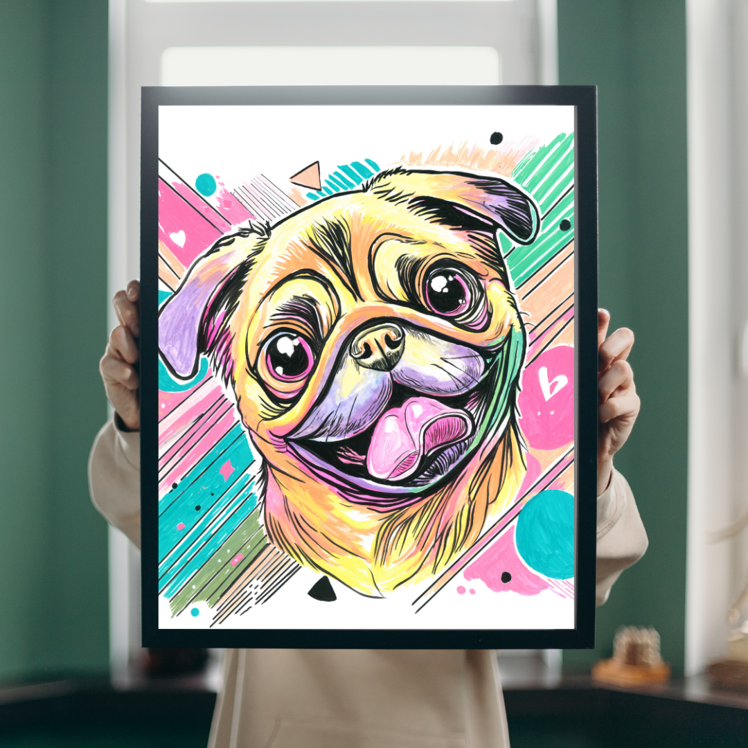The artwork features bright yellow, pink, teal, purple, and black details on a white background with abstract geometric shapes.