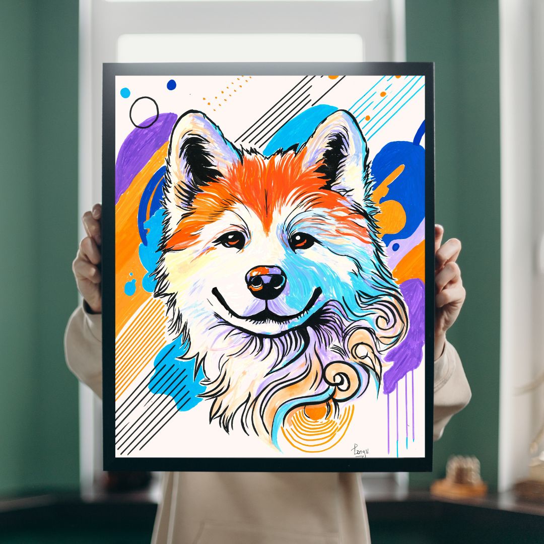 Portrait of a fluffy dog with orange, blue, purple, yellow, and white tones against a blurred indoor background.