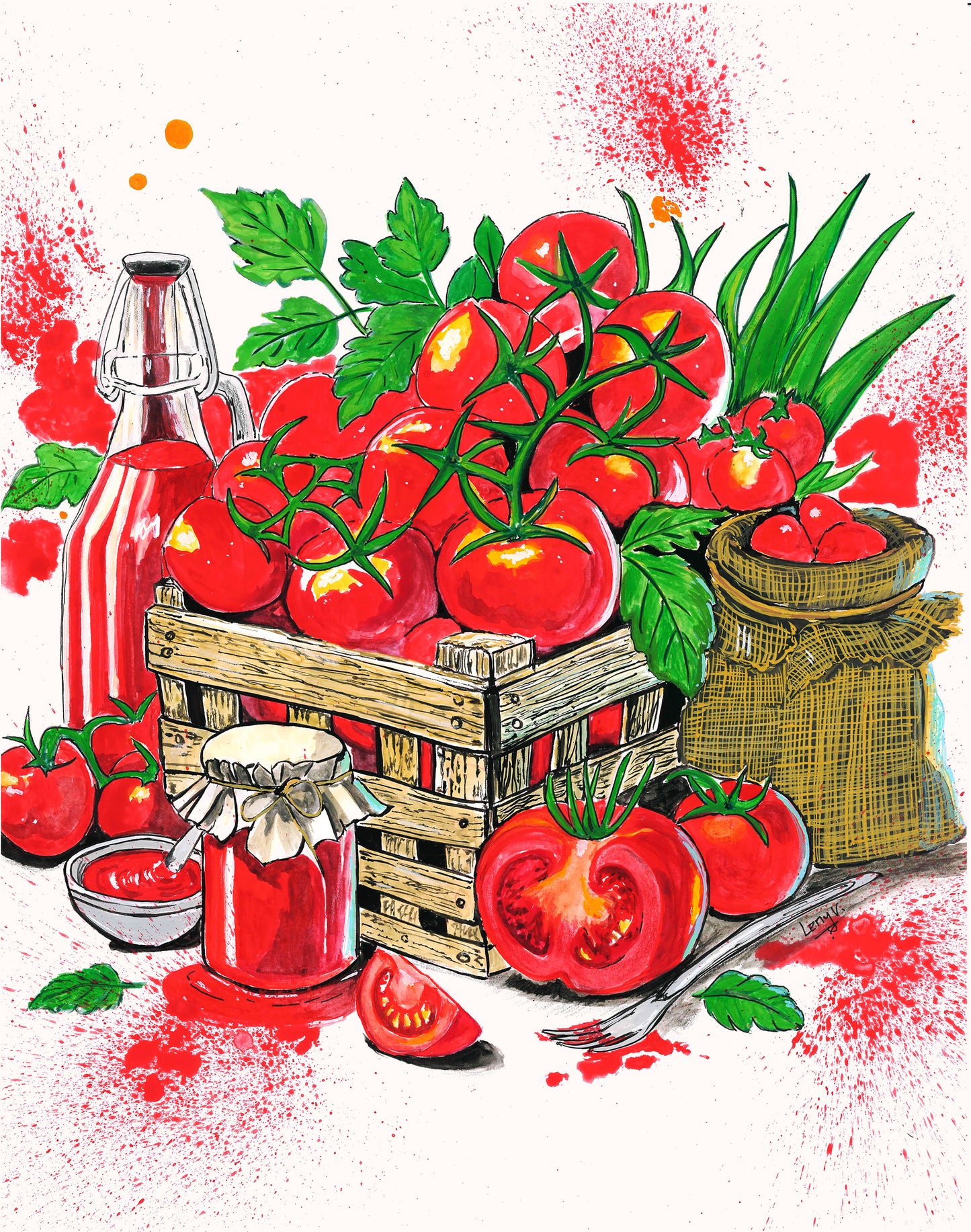 Tomatenernte Stillleben – Kunstdruck