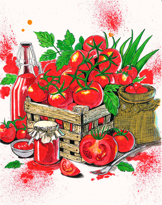 Nature morte de la récolte de tomates — Peinture originale à la gouache sur papier